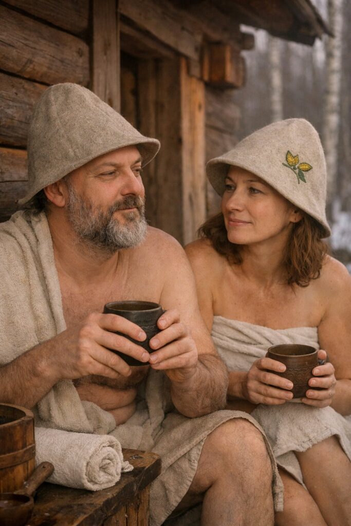 Vīrietis un sieviete pirts cepurēs sēž uz koka soliņa pie pirts sienas un tur rokās krūzes