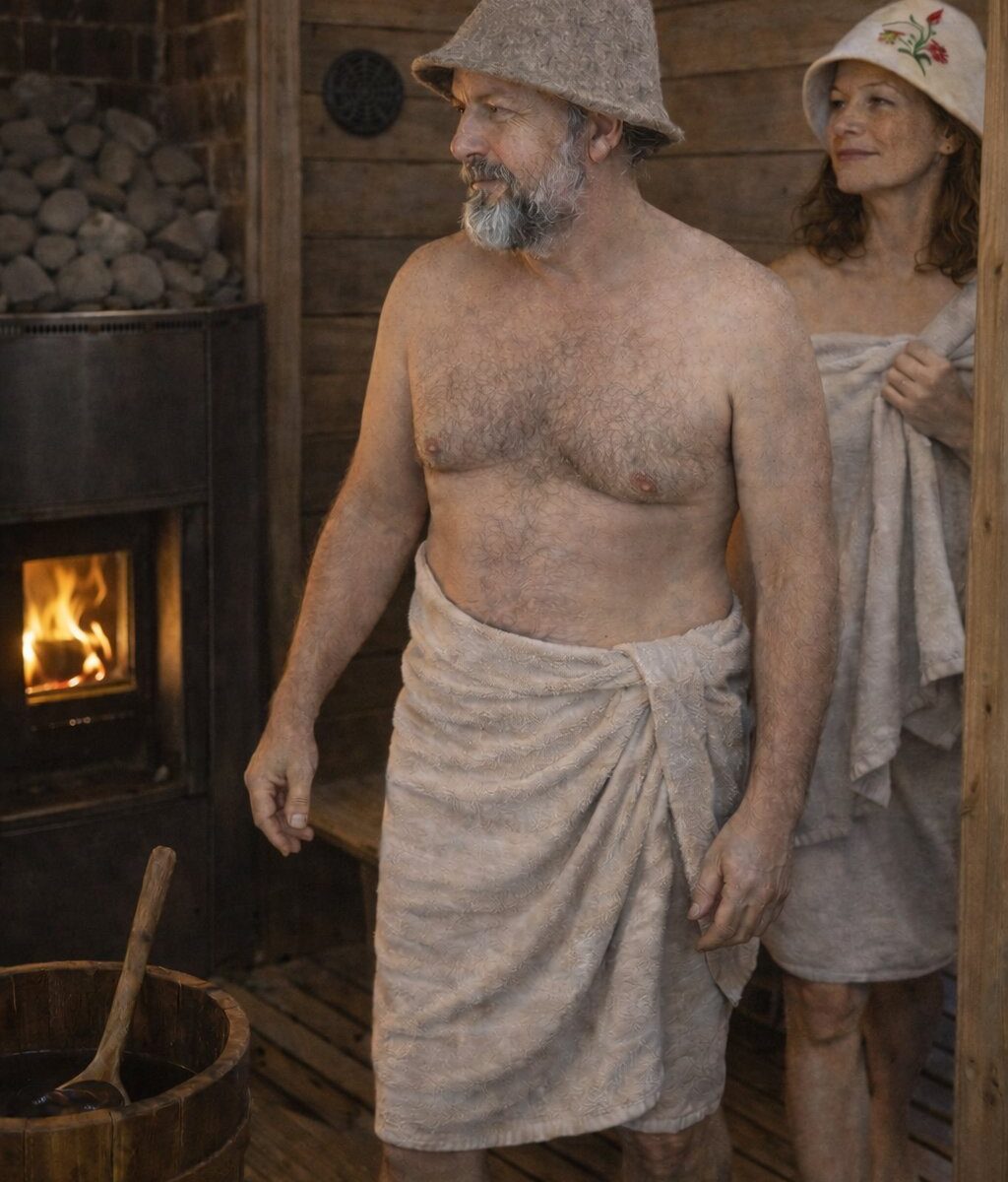 Vīrietis un sieviete tradicionālā latviešu pirtī pie krāsns, ar pirts cepurēm un dvieļiem