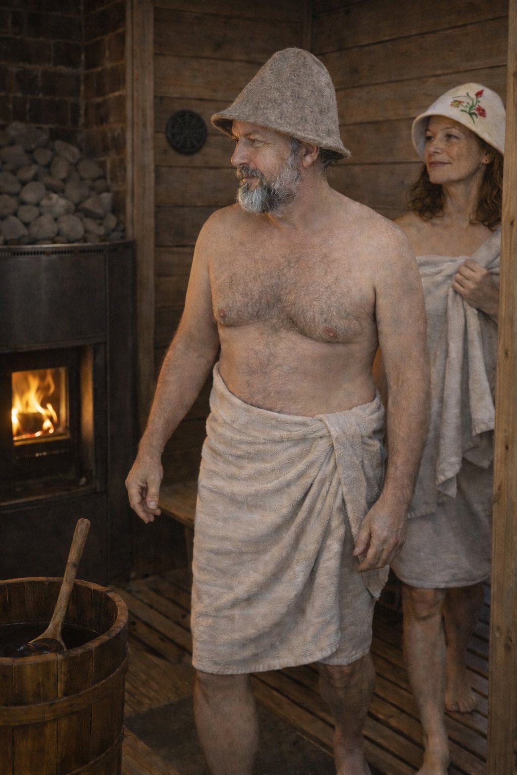 Vīrietis un sieviete tradicionālā latviešu pirtī pie krāsns, ar pirts cepurēm un dvieļiem