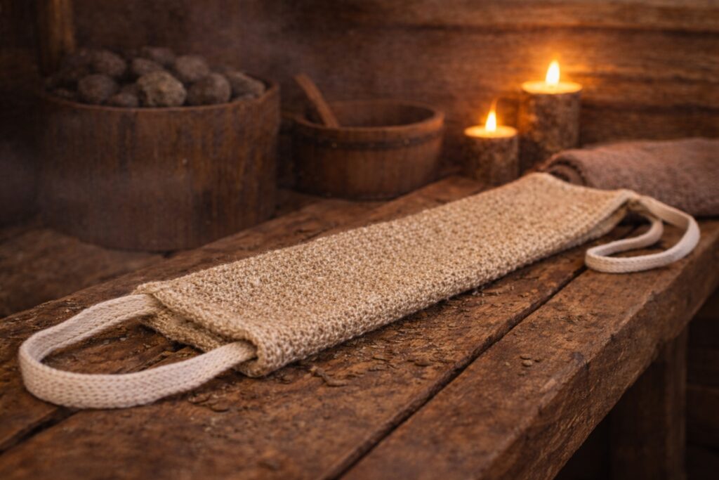 Pirts švamme ar auklas cilpu, novietota uz koka sola pirts telpā, piemērota pirtij, dušai un vannai