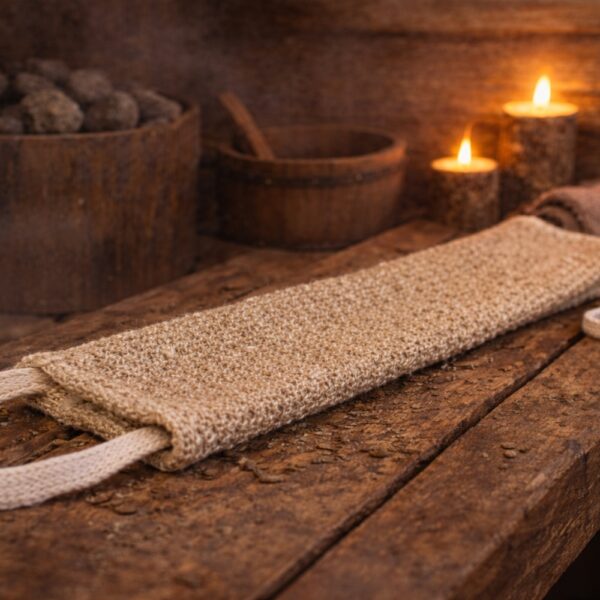 Pirts švamme ar auklas cilpu, novietota uz koka sola pirts telpā, piemērota pirtij, dušai un vannai