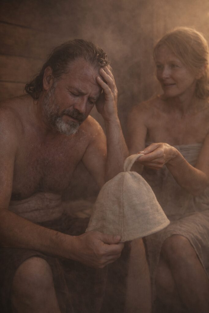 Vīrietis un sieviete pirtī ar pirts cepuri rokās, pirts tvaika pilnā telpā