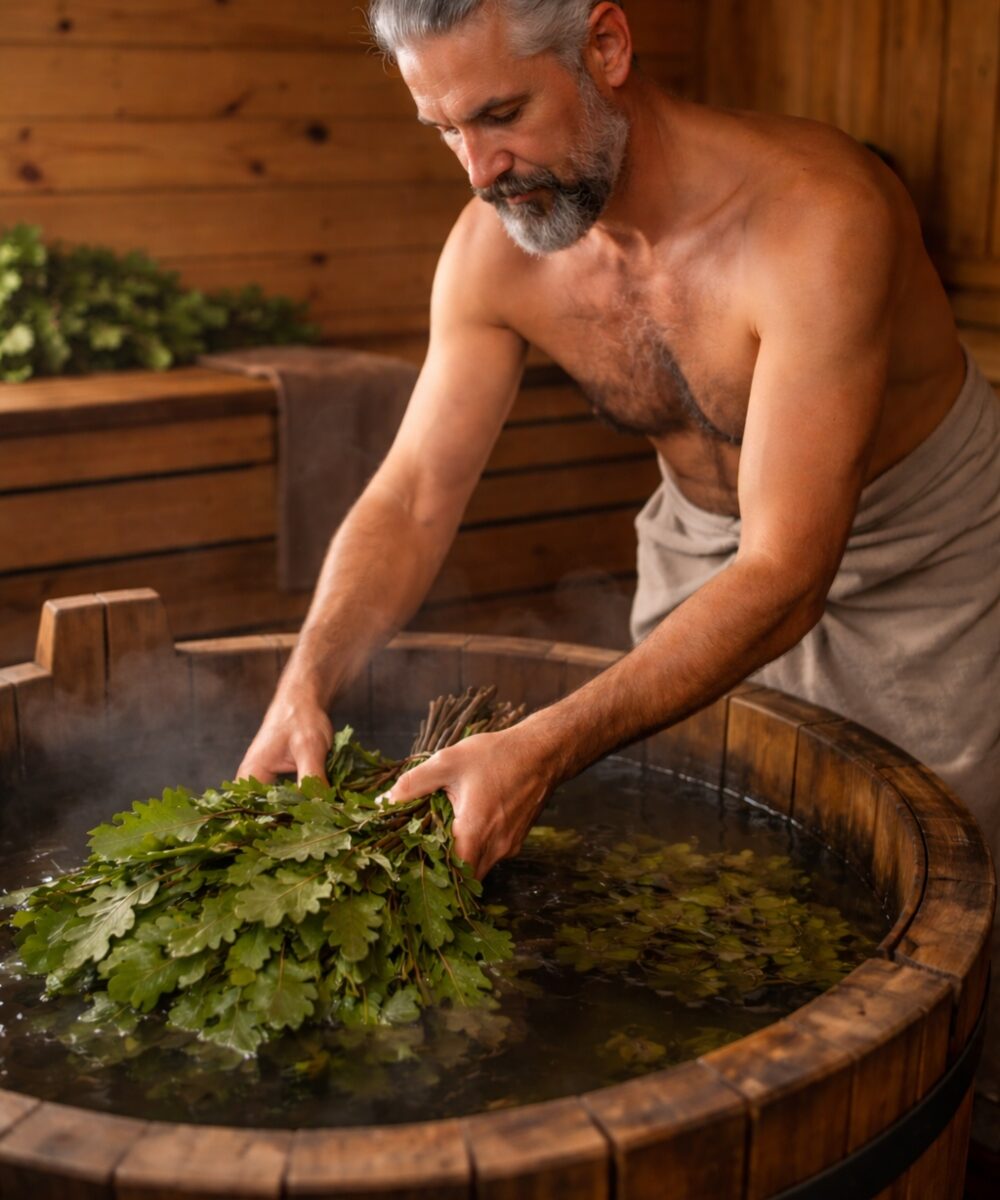 Pirtnieks mērcē ozola pirts slotu koka kublā pirms pēršanās pirtī