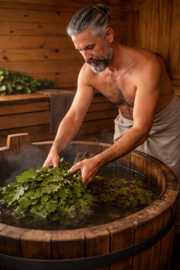 Pirtnieks mērcē ozola pirts slotu koka kublā pirms pēršanās pirtī