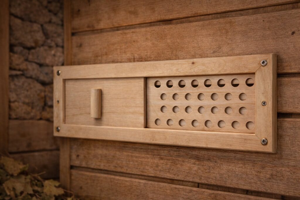 Koka ventilācijas reste pirtij ar regulējamu aizbīdni uz pirts sienas