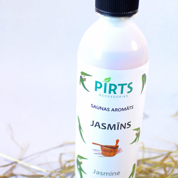 Pirts aromāts “Jasmīns” baltā pudelē ar melnu vāciņu, novietots uz salmu klājuma gaišā fonā