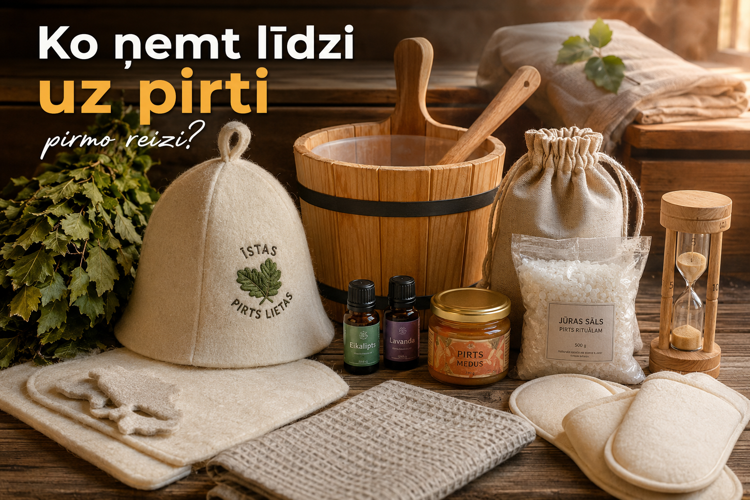 Kolāža ar pirts piederumiem pirmajai pirts apmeklējuma reizei – filca pirts cepure, pirts slota, koka spainis ar kausiņu, ēteriskās eļļas, pirts medus, jūras sāls, smilšu pulkstenis un pirts paklājiņi.