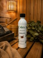 Pirts aromatizators ar eikalipta aromātu 500 ml baltā pudelē novietots uz koka lāvas pirts interjerā. Fonā redzama pirts krāsns ar akmeņiem, koka spainis un eikalipta zari.