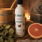Pirts aromatizators ar greipfrūta aromātu 500 ml baltā pudelē novietots uz koka lāvas pirts interjerā. Priekšplānā redzama pārgriezta greipfrūta puse un pirts slota, fonā pirts krāsns ar akmeņiem.
