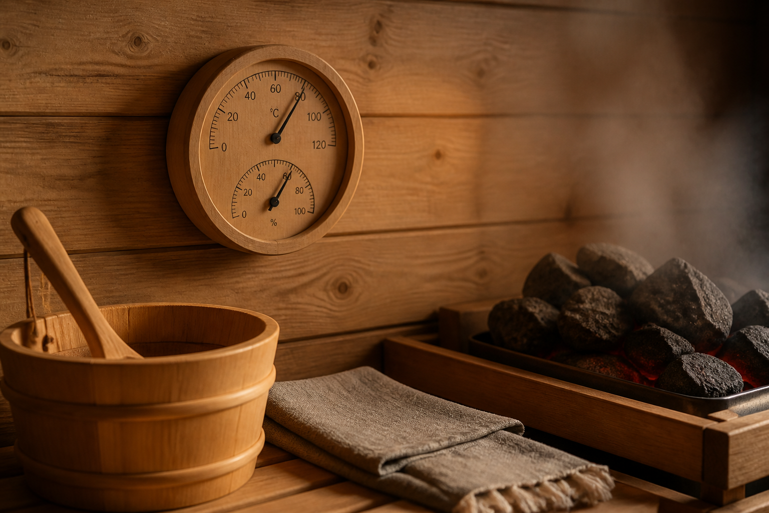 Puidust sauna termohügromeeter näitab kerisekivide kõrval temperatuuri ja õhuniiskust