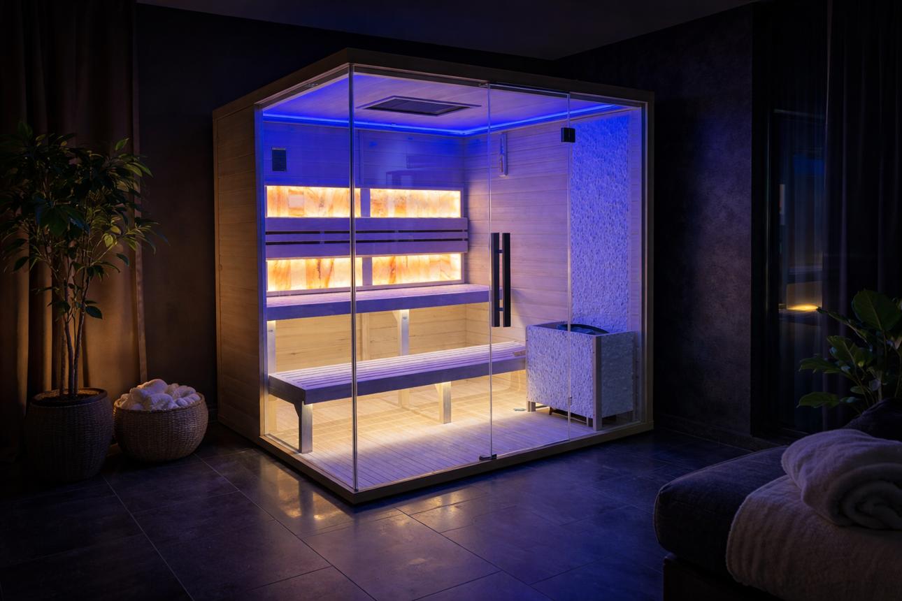 Moderna infrasarkanā sauna ar stikla sienām, koka lāvām un zilu apgaismojumu tumšā interjerā.