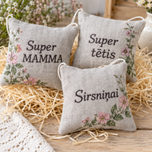 Trīs aromātiskie pirts spilventiņi ar ziedu motīviem un izšūtiem uzrakstiem "Super MAMMA", "Super tētis" un "Sirsniņai".