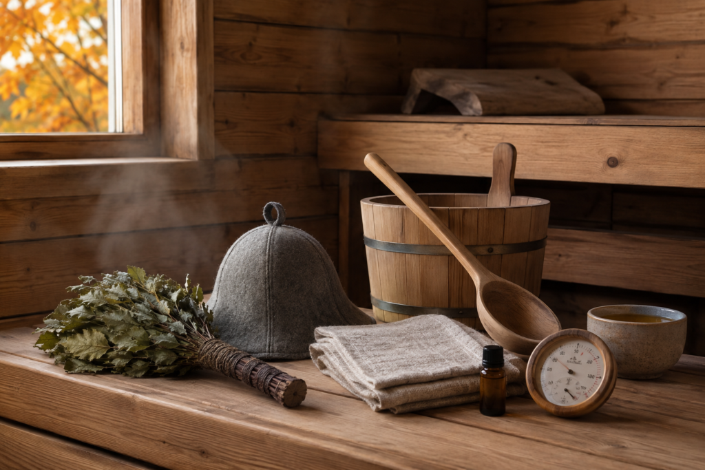 Sügisese sauna tarvikud puidust laval – viht, saunamüts, rätikud, ämber ja termohügromeeter